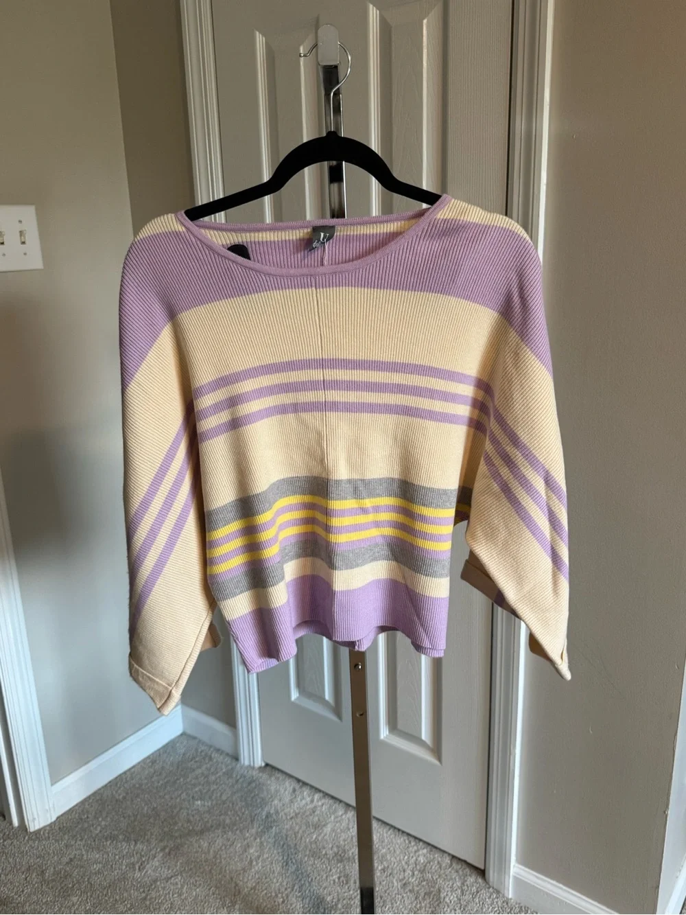 Pastel Striped Boxy Crewneck Sweater - Lavender & Cream